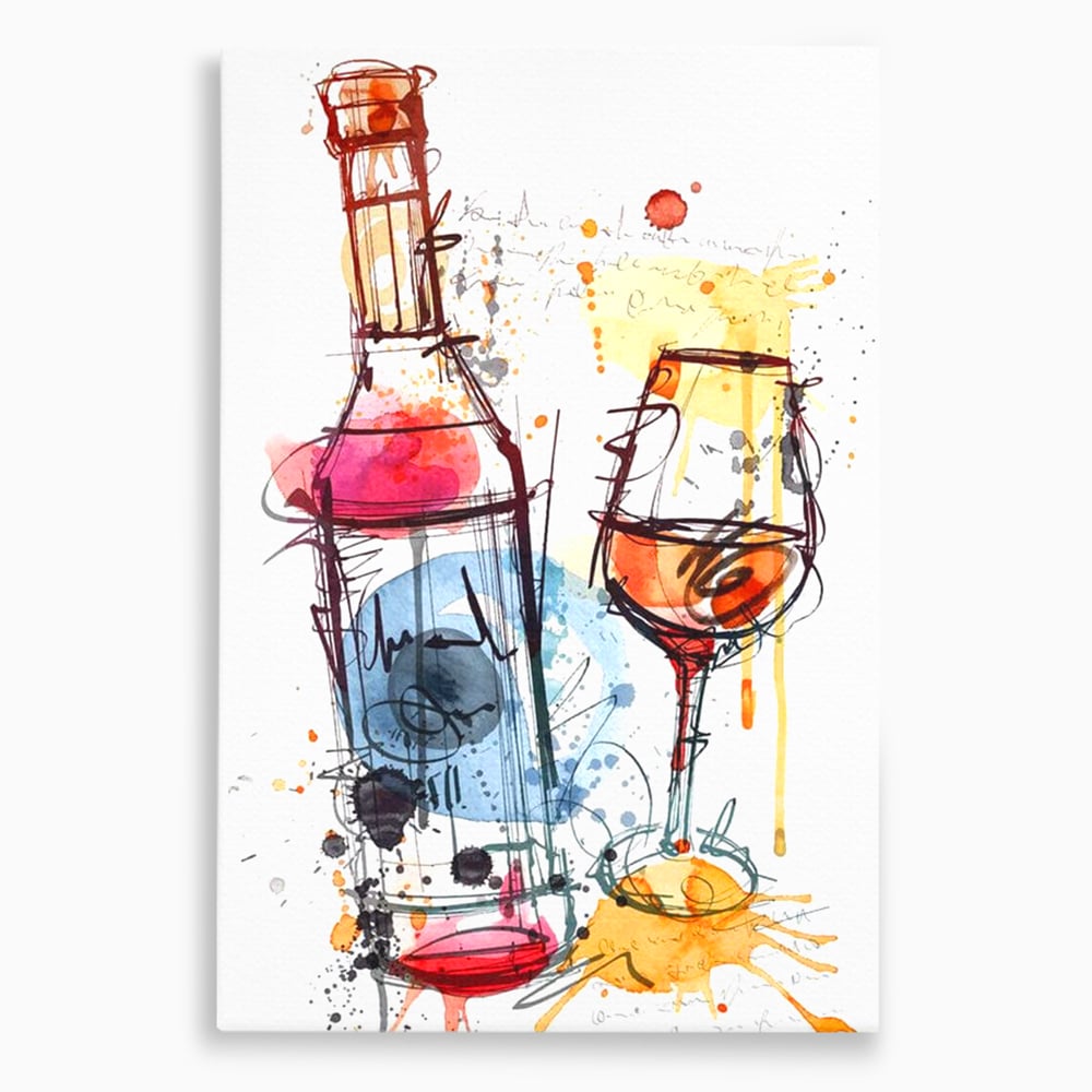 Tablou canvas cu tablou canvas cu sticla si pahar de vin, fara rama, pe sasiu de lemn
